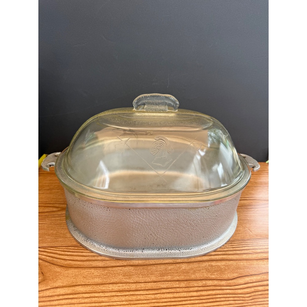 Vintage Guardian Service Hammered Aluminum Oval Roaster with Glass Lid